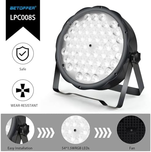 BETOPPER LED Par Lights 54 x 1.5W, RGB Stage Lights DMX DJ Lighting Sound Activated with Stand, Strobe Light & Wash Par Lighting DMX for Parties, Church, Wedding, Bars, 12 - Image 3