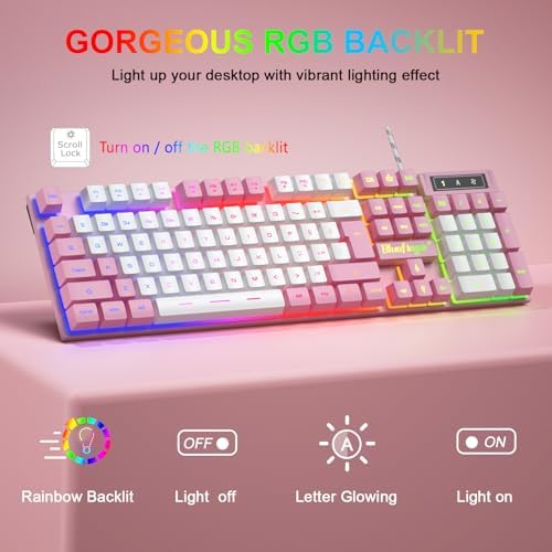 BlueFinger RGB Gaming Keyboard and Backlit Mouse Combo, USB Wired, LED Gaming Set for Laptop PC Computer Game and Work (Pink & White) - Image 2