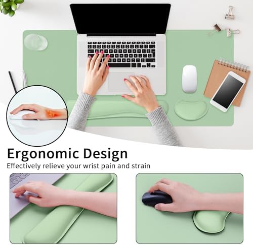 Desk Mat Set， Wrist Rest for Computer Keyboard, 3-in-1 Large Mouse Pad and Keyboard Wrist Rest Set, Non-Slip Desk Mat Protector for Office, Home(27.5×13.8 Inches, Lake Green) - Image 3