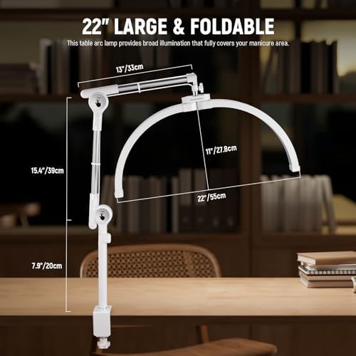 NEEWER Basics 22" Half Moon Lash Light with Articulating Desk Clamp Mount Stand/Phone Holder, 32W Foldable LED Nail Tech Table Arc Lamp for Makeup Beauty Tattoo Overhead Video Recording, HM03-D - Image 5
