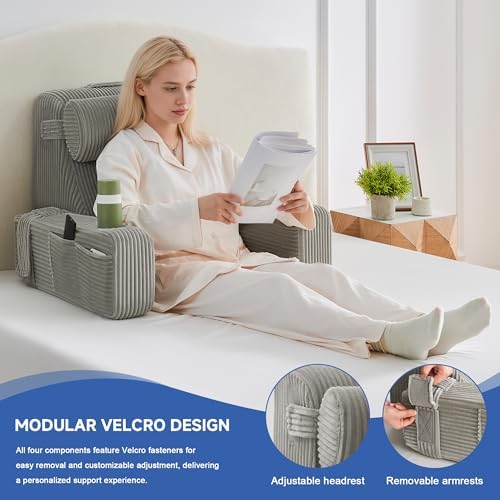 Reading Pillow for Bed, Back Pillow for Bed Sitting Up, Bed Pillows for Sitting Up with Adjustable Armrests, Cup Holder & Large Pocket, Backrest Cushion for Reading, Watching TV (Grey, 4PCS) - Image 6