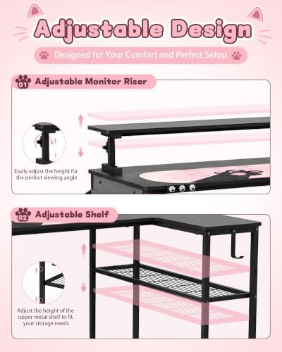 GTPLAYER 43" L Shaped Gaming Desk, Home Office Corner Desk with Storage Shelves, Computer Desk with Monitor Stand, Side Storage Bag & Hooks, Sturdy Metal Frame PC Workstation, Black - Image 5