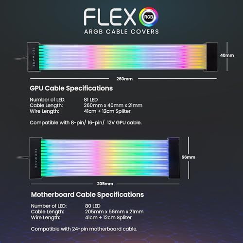 TECWARE Flex RGB Cable Cover Kit | Compatible with 24-Pin Motherboard and 8-Pin/16-Pin GPU | ARGB PSU Cable Extension with 5V 3-Pin Sync | RGB Lighting Kit for PC Cables | Black - Image 5