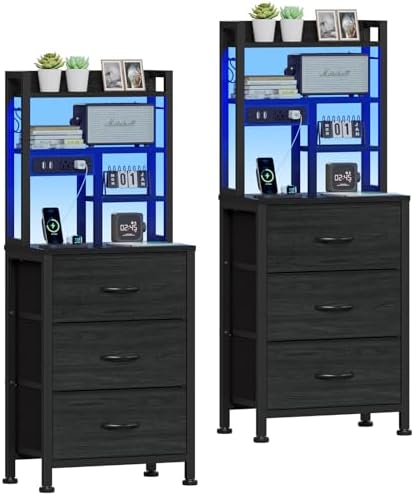 Furnulem Black Nightstands Set of 2, Tall Night Stand with Charger Station by Furnulem
