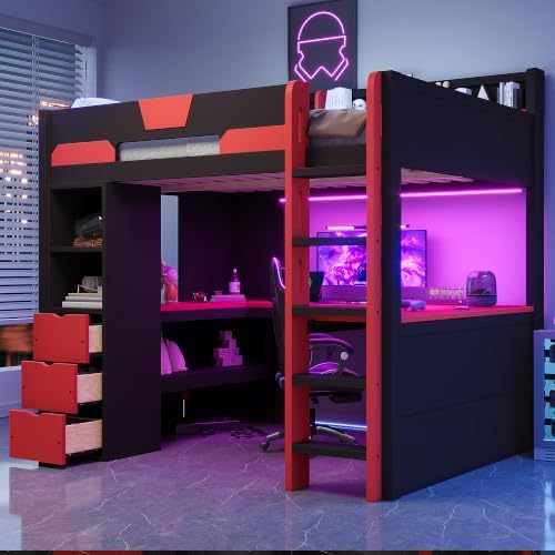 Merax Full Size Wood Gaming Loft Bed with U-Shaped Desk, Lights & USB Ports - Image 4