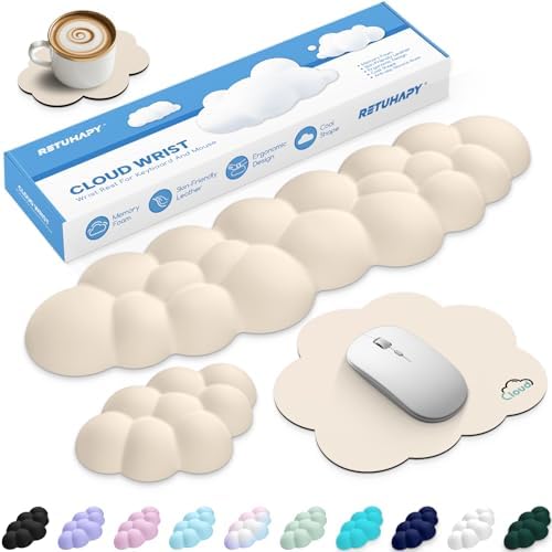 Cloud Wrist Rest Keyboard Cushion and Cloud Mouse Pad, Beige | 4-in-1 Ergonomic Cloud Keyboard Wrist Rest Set, Memory Foam, Arm Support for Palm, Cute Desk Accessory for PC Gaming Setup by Unknown