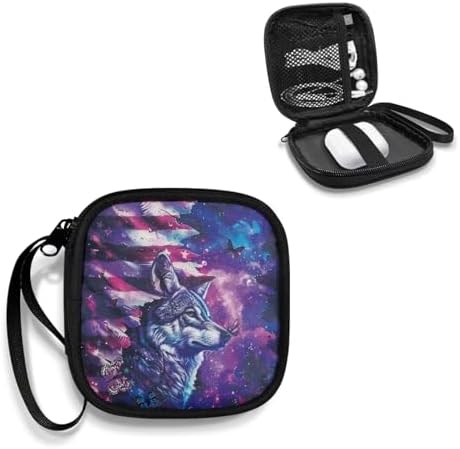 American Flag Wolf Earbuds Case Portable Earbuds Carrying Case, Portable Earphone Case Phone Accessories Organizer with Handle for SD Card, USB Charging Cable - Image 2