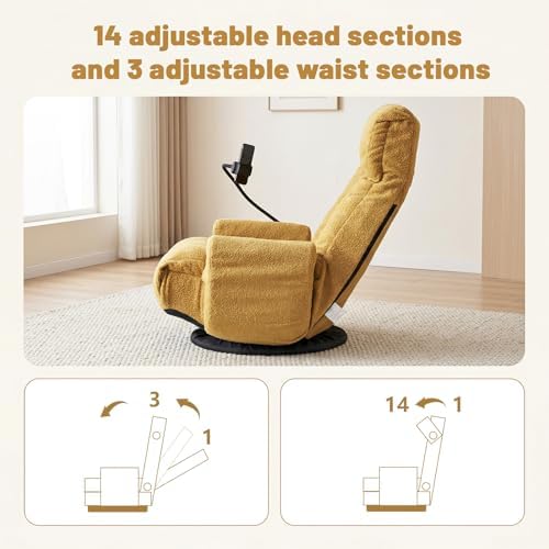 360° Swivel Floor Gaming Chair Yellow Teddy Folding Chaise Lounge Chair Adjustable Comfy Sofa Chair with Armrests, Phone Holder & Padded Cushion, Ideal for Living Room, Bedroom - Image 6