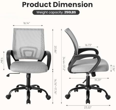 DUMOS Ergonomic Office Chair, Executive Desk Chair with Lumbar Support | Mid Back, Breathable Backrest, Fixed Armrest, Height Adjustable, 360° Swivel, Computer Gaming, Meeting, Grey - Image 2