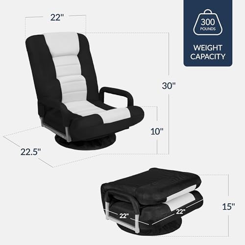 Best Choice Products Swivel Gaming Chair 360 Degree Multipurpose Floor Chair Rocker for TV, Reading, Playing Video Games w/Lumbar Support, Armrest Handles, Adjustable Foldable Backrest - Black/White - Image 3