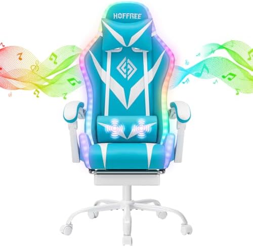 LED Gaming Chair with Speakers RGB Lights Massage Computer Chairs-Sky Blue | Bluetooth Game Chairs for Adults;Ergonomic High Back Video Game Chair; Reclining Gamer Chair with Footrest Lumbar Support - Image 3