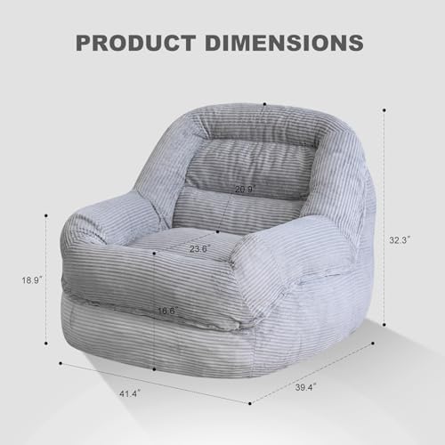 Giant Bean Bag Chair for Adults, Oversized Floor Lounge Chair with Armrests | Grey, soft corduroy and resilient foam for living rooms, bedrooms, reading nooks, gaming rooms, movie nights, and pets - Image 2