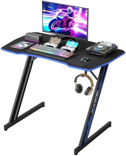 BestOffice Gaming Desk 35 in PC Computer Desk Z Shaped Gaming Workstation Ergonomic Gaming Table with Headphone Hook for Home Office,Black&Blue by BestOffice