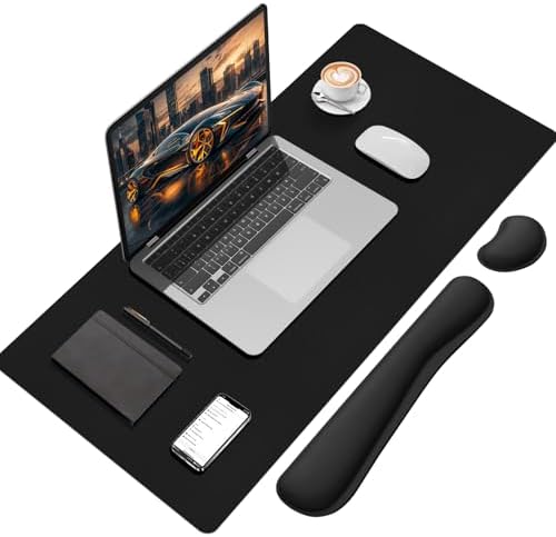 Mouse Pad with Wrist Rest Support, Keyboard Wrist Rest and Mouse Pad Set, Desk Mat for Keyboard and Mouses, Non-Slip Computer Mat Set for Office, Home (35.4×15.7 Inches, Black) by FreeNook
