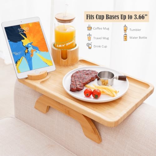 Nnewvante Couch Cup Holder Tray, 3 in 1 Bamboo Sofa Arm Clip-on Tray - Image 4