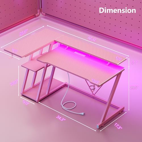 Korfile 47 Inch Pink Gaming Desk with Power Outlet & LED Lights, Corner Computer Desk with 3 Tiers Storage Shelves, L Shaped Gaming Desk with Monitor Stand for Bedroom - Image 2