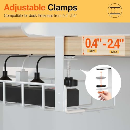 2 Pack Under Desk Tray, 31.4" No Drill Wire Management with Upgraded Clamp, Metal Cord Organizers for Desk, PC Cable Rack, White - Image 6