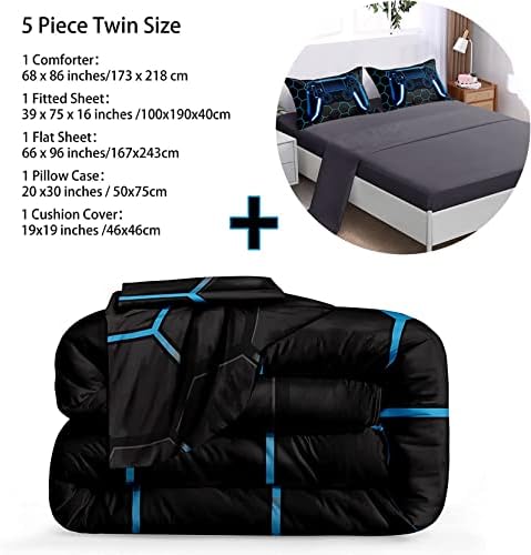 BDUCOK 5 Piece Gamer Comforter Sets Bed in A Bag for Boys Teen Kids,Honeycomb Gaming Bedding Sets Gamepad Comforter Microfiber Bed Set for All Season Gamer Home Decor(Blue,5 Piece Sets30022-Twin) - Image 4