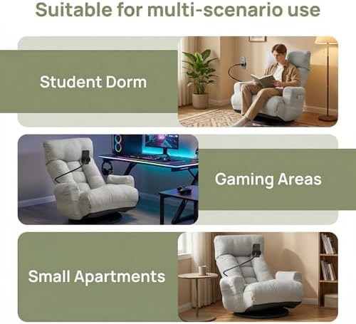 360° Swivel Floor Gaming Chair Linen Folding Chaise Lounge Chair Adjustable Cozy Sofa Chair with Armrests, Phone Holder & Padded Cushion, Ideal for Living Room, Bedroom (Grey) - Image 6