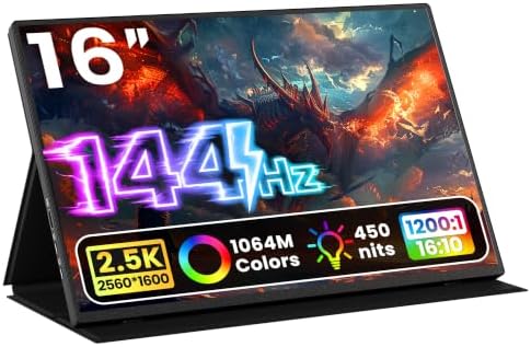 Upperizon Portable Monitor 16 inch 2K QHD 2560x1600 106% sRGB, 144Hz USB-C, 120Hz HDMI, HDR Travel Monitor for Laptop Mac PC Surface PS5 Xbox, External Display with Cover & Speakers, VESA Compatible by Upperizon