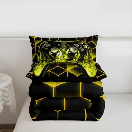 Yellow Game Console Comforter Set for Boys, Neon Geometric Gamer Bedding Set, 3D Geometric Comforter Set with Flame Gaming Consoles Gamer Decor - Image 7