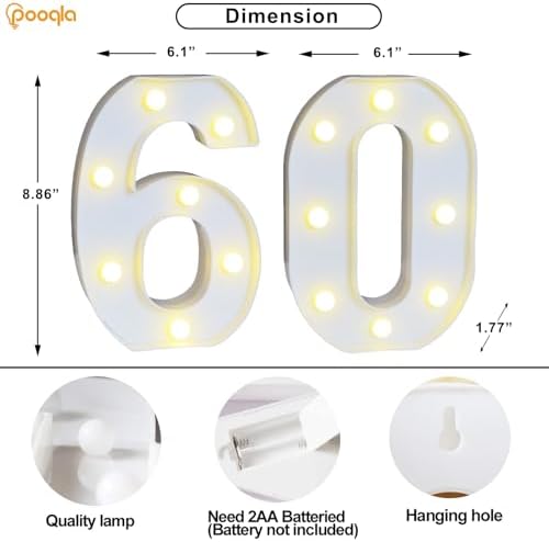 Pooqla 60th Birthday Decorations for Men Women, Decorative Marquee Numbers with Remote, Light Up 60 Sign for Party Backdrop 60th Wedding Anniversary Decor, Warm White and Cool White Number 60 - Image 5