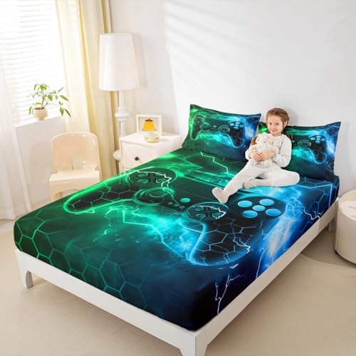 Feelyou Kids Boys Green Gamer Sheet Set Twin Size, Honeycomb Gaming Bed Sheets Set Lightning Gamepad Sheets with Deep Pocket Fitted Game Room Decor Bedding Set Microfiber Soft Bed Set - Image 3