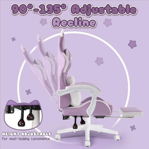 PUKAMI Gaming Chair with Cat Ears,Cute Computer Chair for Girl with Footrest,Ergonomic Gamer Chair, Kawaii Gaming Chair, Game Chair (Purple) - Image 6
