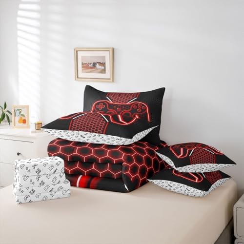 Feelyou Red and Black Bedding Set Twin Size Gamer Comforter Set with Sheets - Image 5