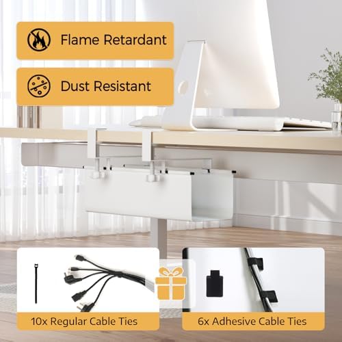 Under Desk Cable Management Tray 15.7" - No Drill Computer Wire Organizer Cable Tray, Cord Hider Clamp Mount with 16X Cable Ties PC Cables Management Cord Holder for Office/Home (Upgrade Fabric,White) - Image 2
