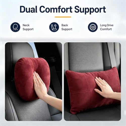 2 PCS Car Pillow for Driving Seat Soft Suede Headrest Neck & Lumbar Support | Universal Fit,Pain Fatigue Relief,Comfortable Plush,Elastic Adjustable Strap,Travel Sleep,Breathable Machine Washable Cover - Image 2
