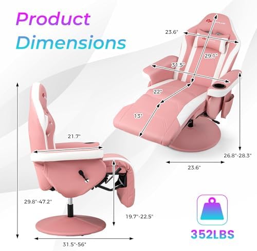 Goplus Pink Gaming Chair, Height Adjustable Massage Video Game Chair with Retractable Footrest, Cup Holder, Headrest, Swivel Office Chair, Racing Style Swivel Gamer Chair - Image 3