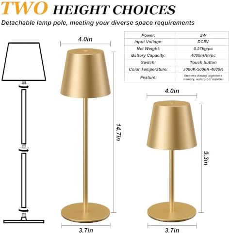 Kakanuo Cordless Table Lamp Rechargeable Gold - 4 Pack Battery Operated Lamp for Dining Table, 3 Color Stepless Dimming Wireless Lamp for Counter, Outdoor Patio, Touch Control - Image 4