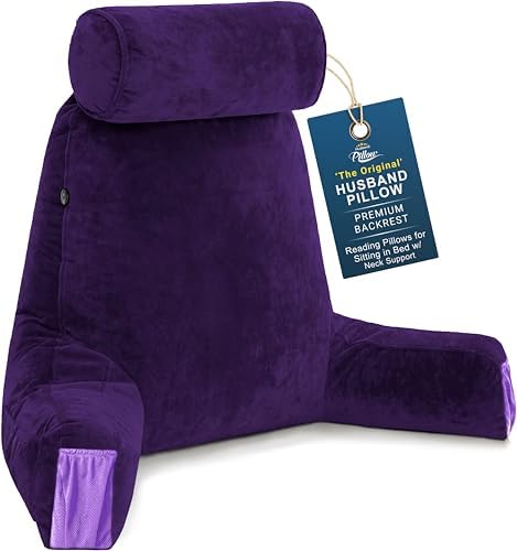 Husband Pillow Medium Reading Pillow with Arms - 23" Backrest for Sitting Up in Bed - Firm Support Bed Rest Pillow for Adults, Neck Roll, Removable Cover - TV, Reading, Lounging - Purple by HusbandPillow