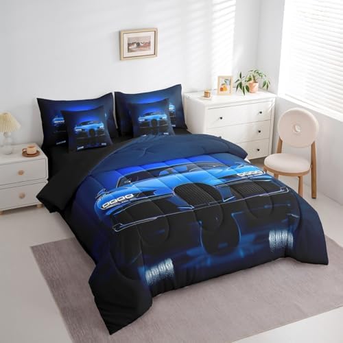 Feelyou Blue Race Car Bedding Set 7 Piece Boys Speed Sports Car Queen - Image 2