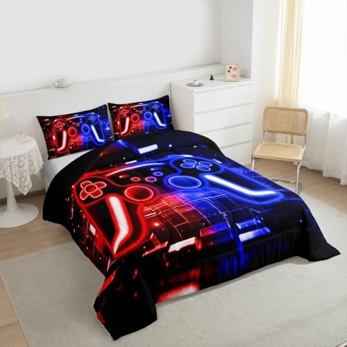 Gamer Comforter Set Gaming King Bedding Set, Neon Lights Video Game Console Comforter Red Blue Brick Cube Duvet Insert,Gaming Room Decor for Boys - Image 2