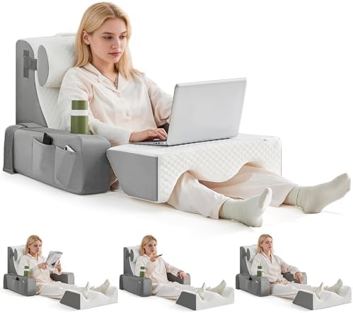 Reading Pillow for Bed, Back Pillow for Bed Sitting Up, Bed Pillows for Sitting Up with Adjustable Armrests, Cup Holder & Large Pocket, Backrest Cushion for Reading, Watching TV (WhiteGrey, 5PCS) by Paxato
