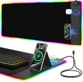 Mouse Pad with Foldable Phone Holder & Wireless Charger, XXL RGB Gaming Mousepad 31.5"x15.8" Large Desk Mat for Keyboard, Black Desk Pad with Dual Qi Charging Station | 11 Colors 5 Modes | Waterproof by miroddi