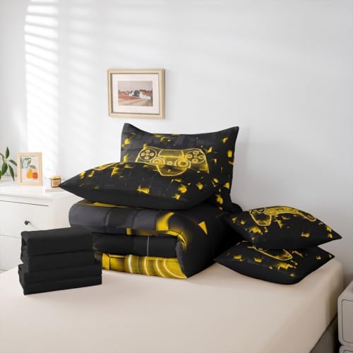 Erosebridal Gaming Comforter Sets for Boys, Video Games Bedding Set 7-Piece King Size | Modern Gamer Sheet Sets with Comforter Teens Gamepad Ombre Square Bed in A Bag, Yellow - Image 5