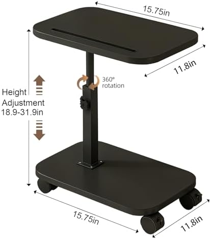 Adjustable TV Tray Side Table 360°Swivel Rolling, Black - Image 2