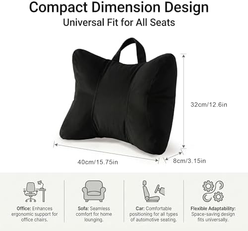 Lumbar Pillow for Car Seat and Office Chair, Classic Black | Ergonomic back support cushion with a removable, washable corduroy cover for driving, desk chairs, sofas and recliners - Image 4