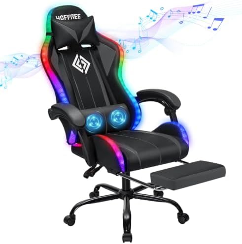 HOFFREE RGB Gaming Chair with Speakers Massage LED Lights Game Chair-Grey | Bluetooth Computer Gaming Chair with Footrest Video Game Chair for Adults Ergonomic High Back Gamer Chair with Lumbar Support - Image 3