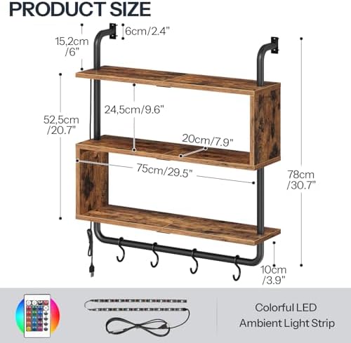 HOOBRO Floating Shelves with LED Lights, 29.5" LED Wall Mounted Gaming Shelf, 3-Tier Pipe Display Rack with Hanging Rod and 4 S-Hooks, for Storage Livingroom, Bedroom, Rustic Brown and Black BF21DBJ01 - Image 3