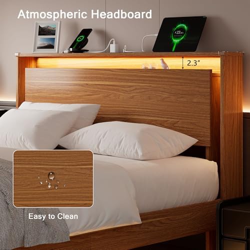 Einhomn Bed Frame Queen Size with LED Lights & Charging Station – Kids Wood Floating Queen Bed Frame with Storage Headboard, Adhesive Slats, Kick-Free & Noise-Free Design, Easy Assembly, Walnut - Image 5