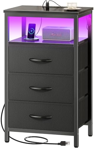 Huuger Night Stand with Charger Station and LED Lights, 3 Drawer Nightstand by Huuger