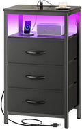 Huuger Night Stand with Charger Station and LED Lights, 3 Drawer Nightstand by Huuger