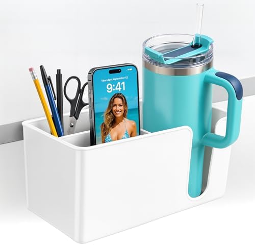OOKUU 3-in-1 Desk Organizer - Large Desk Cup Holder Clamp, Pencil Holder and Phone Stand - Detachable Anti-Spill Table Cup Holder, Office & PC Gaming Desk Accessories for Cup, Phone and Pen (White) by OOKUU