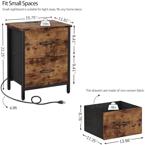 Vagusicc Nightstand with Charging Station, Bedside Table with USB Ports and Outlet, End Table Side Table with 2 Fabric Drawers for Bedroom, Living Room, Rustic Brown - Image 3