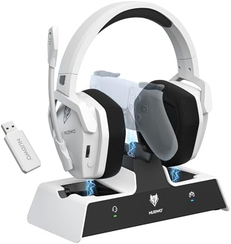 NUBWO G06 Pro Wireless Gaming Headset with Charging Station for Headset & PS5 Controller, 17ms Low Latency, 120H Battery Life, Dynamic 50mm Drivers-White (Only Compatible with PS5) by NUBWO