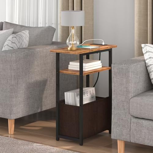 sthmec Narrow Side Table with Charging Station, Small End Table for Small Spaces, Skinny Nightstands with Storage Basket, 3 Tier Sofa Couch Bedside Tables for Living Room,Bedroom, Rustic Brown - Image 2